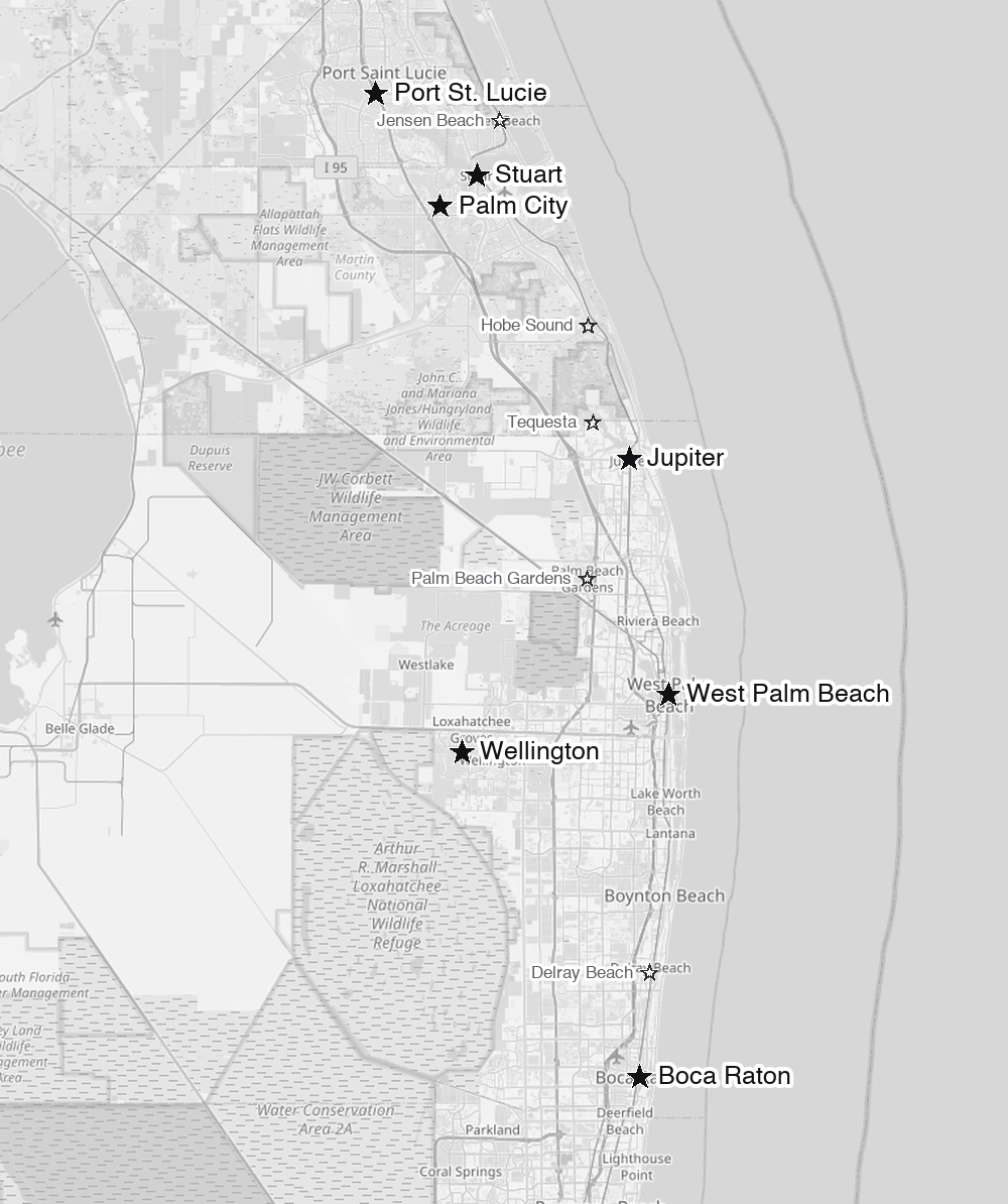 Map of Tye Design's service area from Port St. Lucie to Boca Raton along Florida's Treasure Coast and Palm Beaches